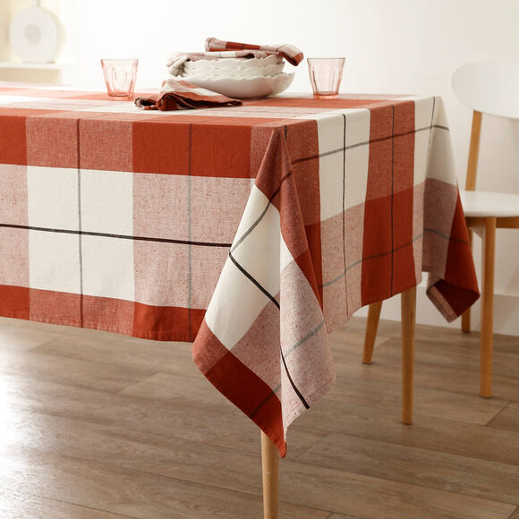 Nappe carreaux coton lin tiss&eacute; teint (terracotta)