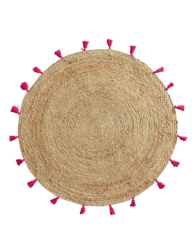 Tapis rond en jute avec pompons de couleur (framboise)