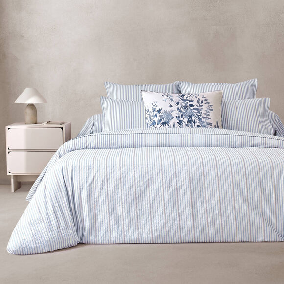 Linge de lit ray&eacute; en seersucker (blanc / bleu)