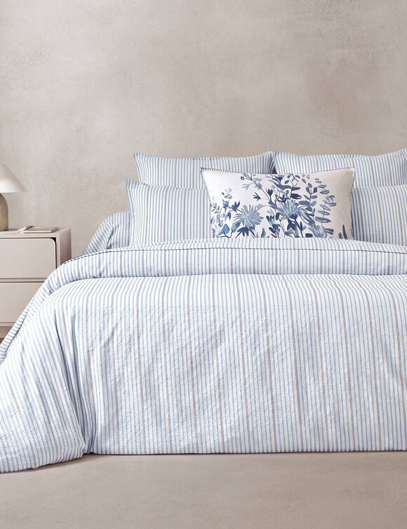 Linge de lit ray&eacute; en seersucker (blanc / bleu)