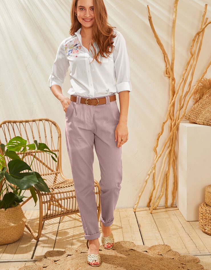 Chemise boutonnée imprimé placé, coton (blanc / corail) Chemise boutonnée imprimé placé, coton (blanc / corail)