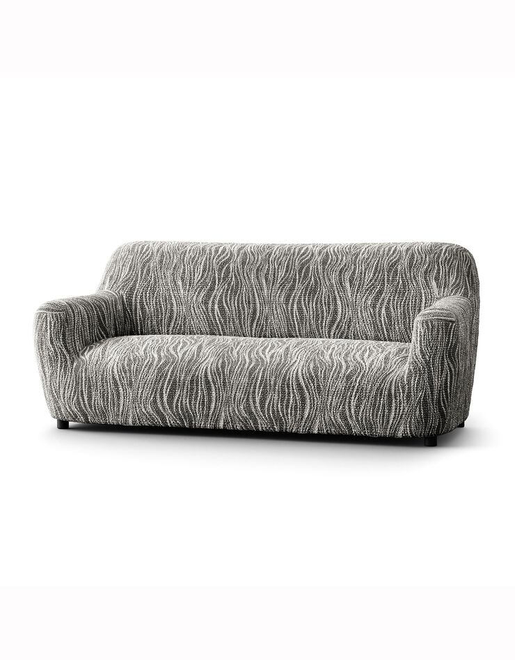 Housse bi-extensible microfibre imprimé vagues pour fauteuil et canapé (gris)
