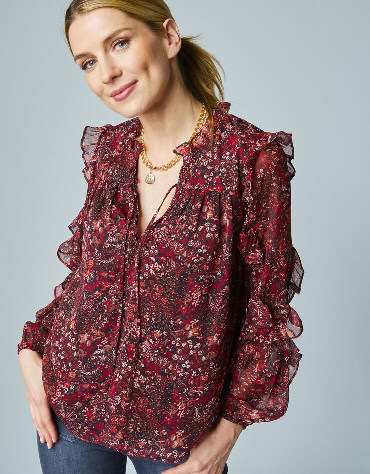 Blouse fleurie automnale en voile volanté (noir / terracotta) Blouse fleurie automnale en voile volanté (noir / terracotta)