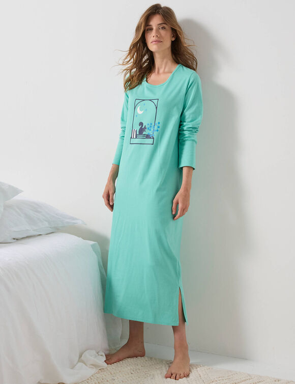 Chemise de nuit longue manches longues motif «fenêtre» (vert d'eau)
