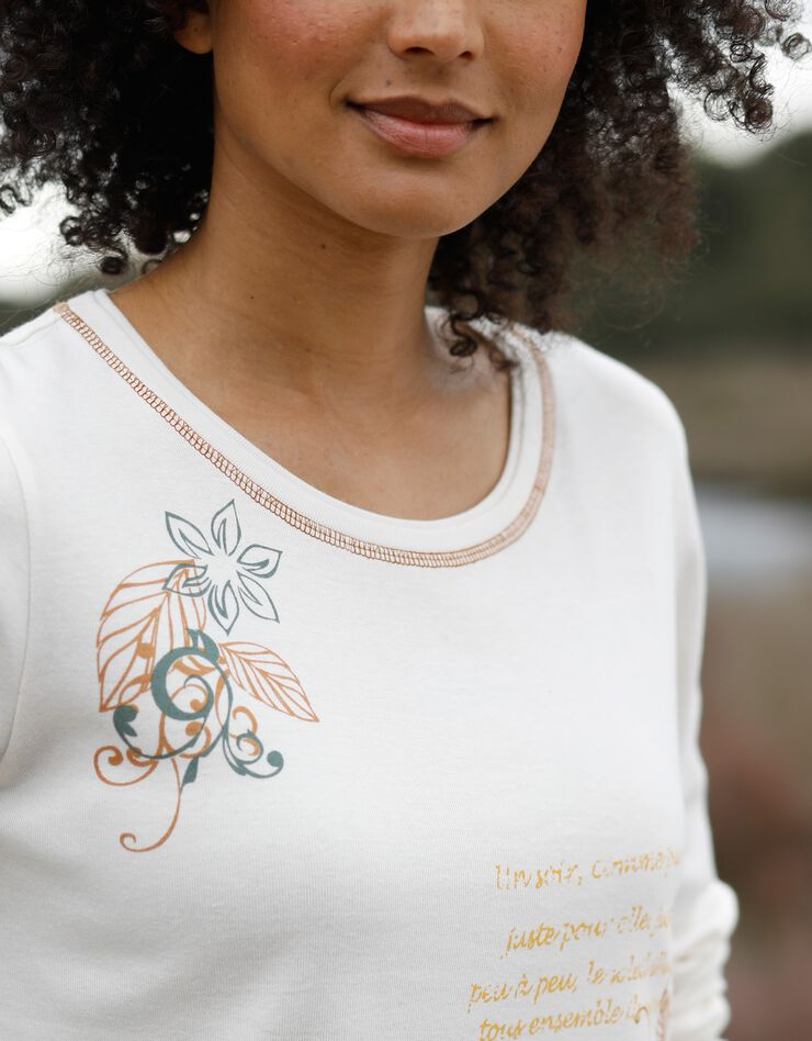 Tee shirt manches longues imprimé fleuri (écru / noisette) Tee shirt manches longues imprimé fleuri (écru / noisette)
