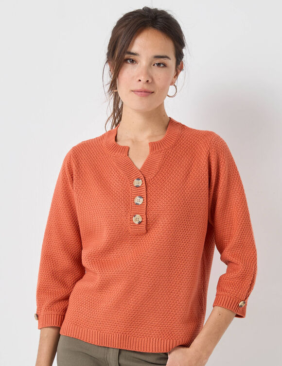 Pull col tunisien manches 3/4, maille fantaisie (orange foncé)