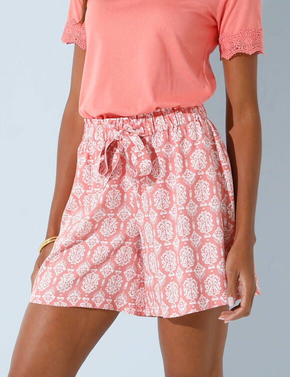 Short noué viscose fluide, imprimé (corail / écru)