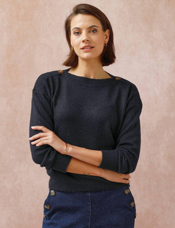 Pull col bateau uni, épaules boutonnées (marine)