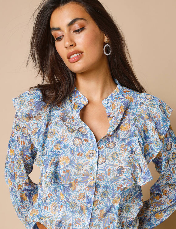 Chemisier volanté, voile imprimé (écru / bleu)