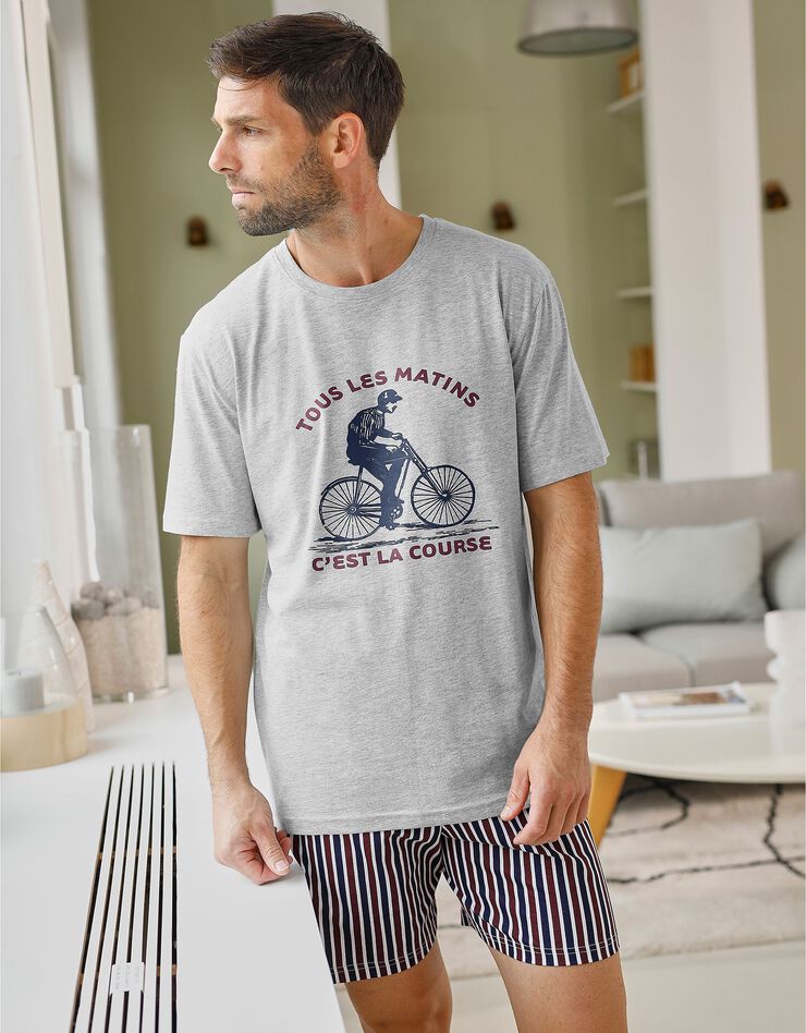 Pyjashort motif cycliste message manches courtes (gris chiné / bordeaux)