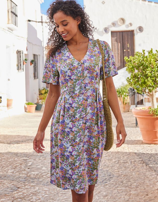 Robe boutonnée manches "papillon" imprimée (bleu grisé)