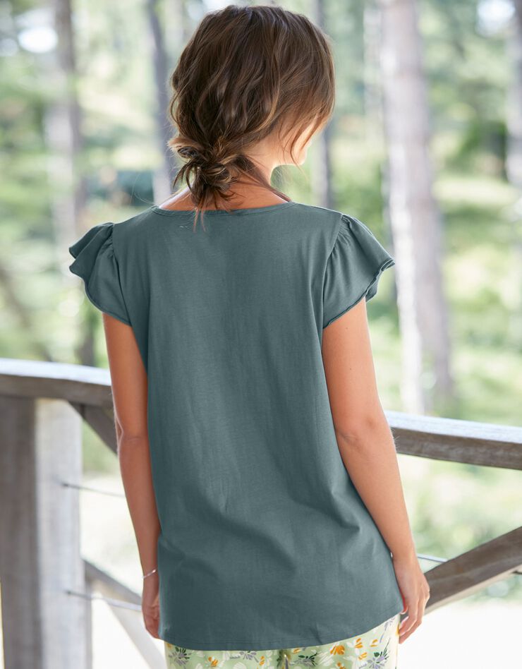 Tee-shirt pyjama manches courtes imprimé placé "pétales de fleurs" (vert sauge)