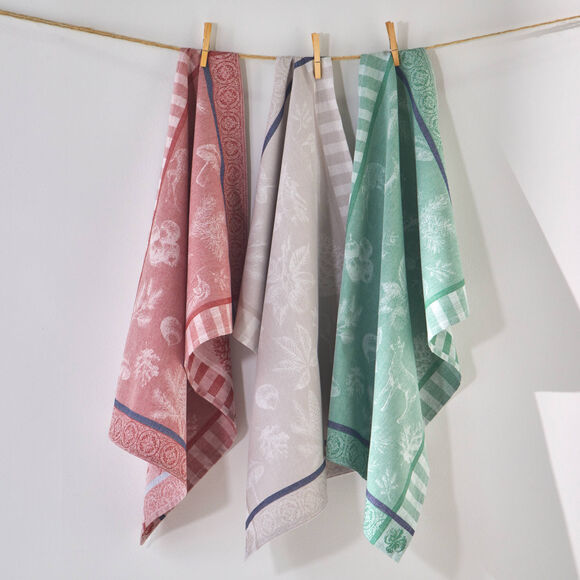 Torchon coton jacquard univers forêt - lot de 3 (rouge + vert + taupe)