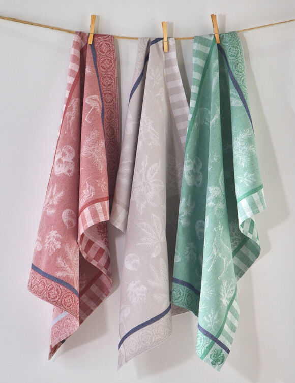 Torchon coton jacquard univers forêt - lot de 3 (rouge + vert + taupe)