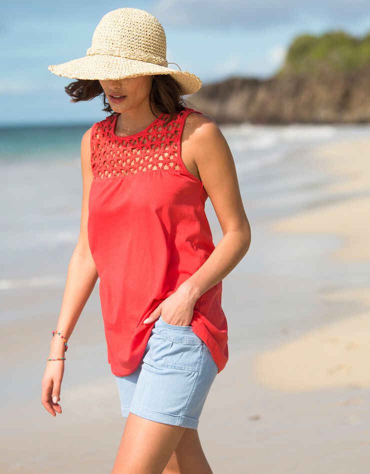 Débardeur uni plastron macramé (corail foncé) Débardeur uni plastron macramé (corail foncé)