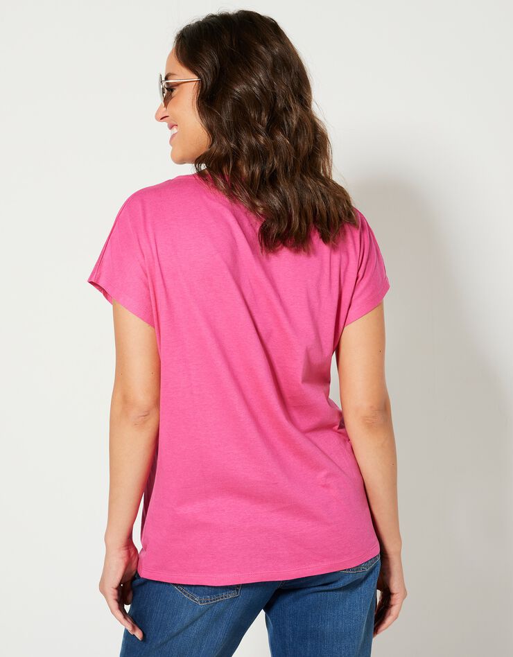 Tee-shirt col tunisien manches courtes, uni (rose) Tee-shirt col tunisien manches courtes, uni (rose)
