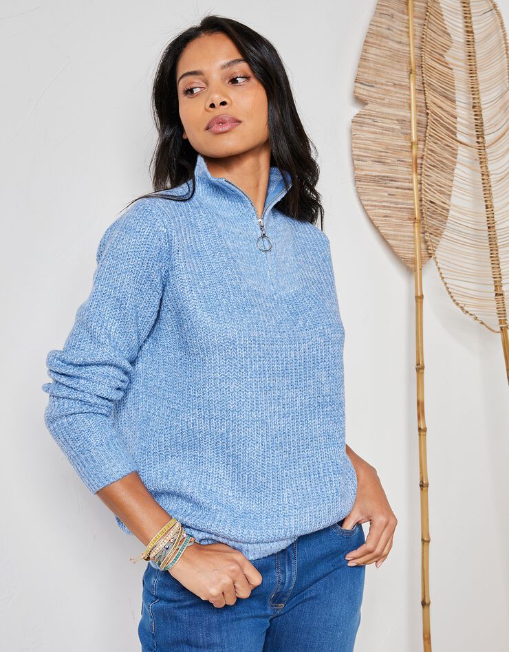 Pull col zippé maille anglaise toucher mohair (bleu chiné) Pull col zippé maille anglaise toucher mohair (bleu chiné)