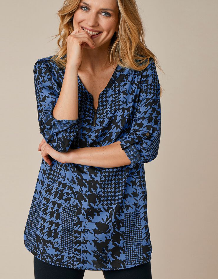 Blouse zippée imprimé pied de poule - manches longues (noir / bleu) Blouse zippée imprimé pied de poule - manches longues (noir / bleu)