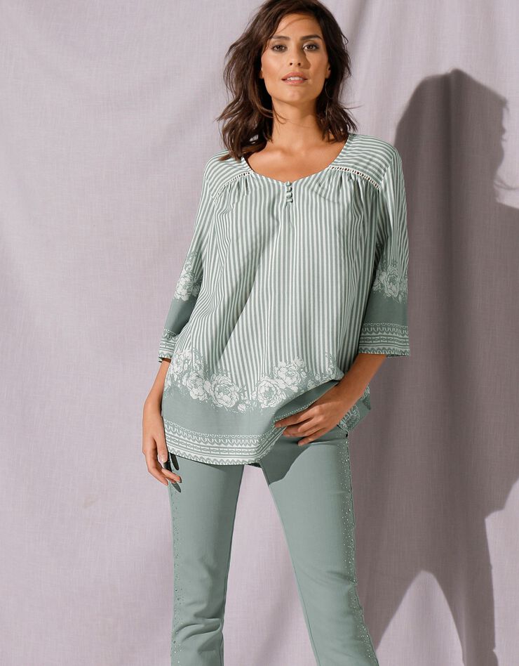 Blouse ample imprimée manches 3/4 pagodes (vert grisé) Blouse ample imprimée manches 3/4 pagodes (vert grisé)