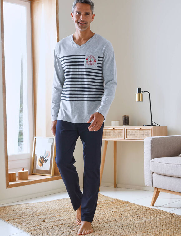 Pyjama col V à message (gris chiné / marine)