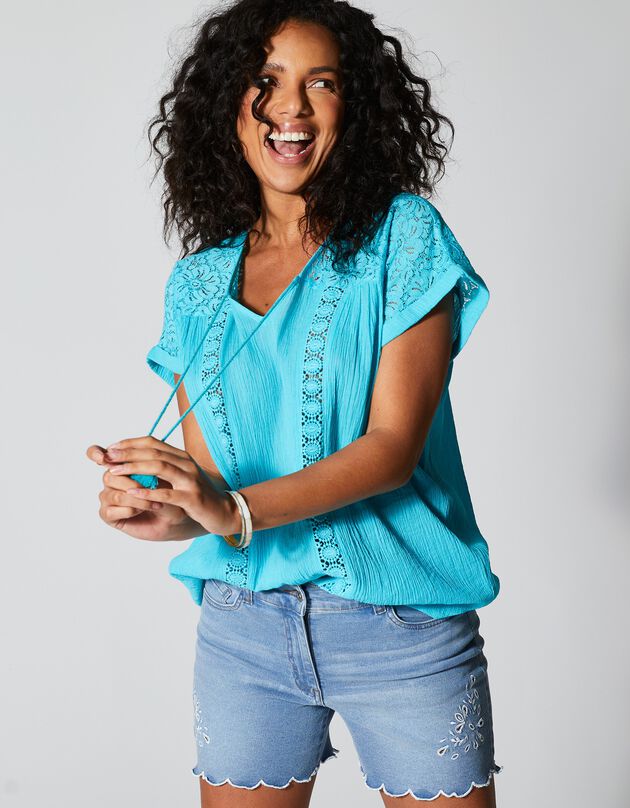 Tunique macramé crépon coton (bleu turquoise)