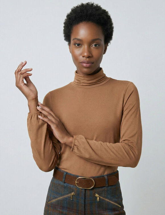 Sous-pull uni col roul&eacute; stretch (caramel)
