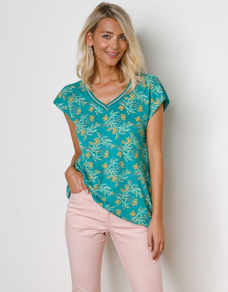 Tee-shirt épaules tombantes imprimé tropical (vert / safran) Tee-shirt épaules tombantes imprimé tropical (vert / safran)