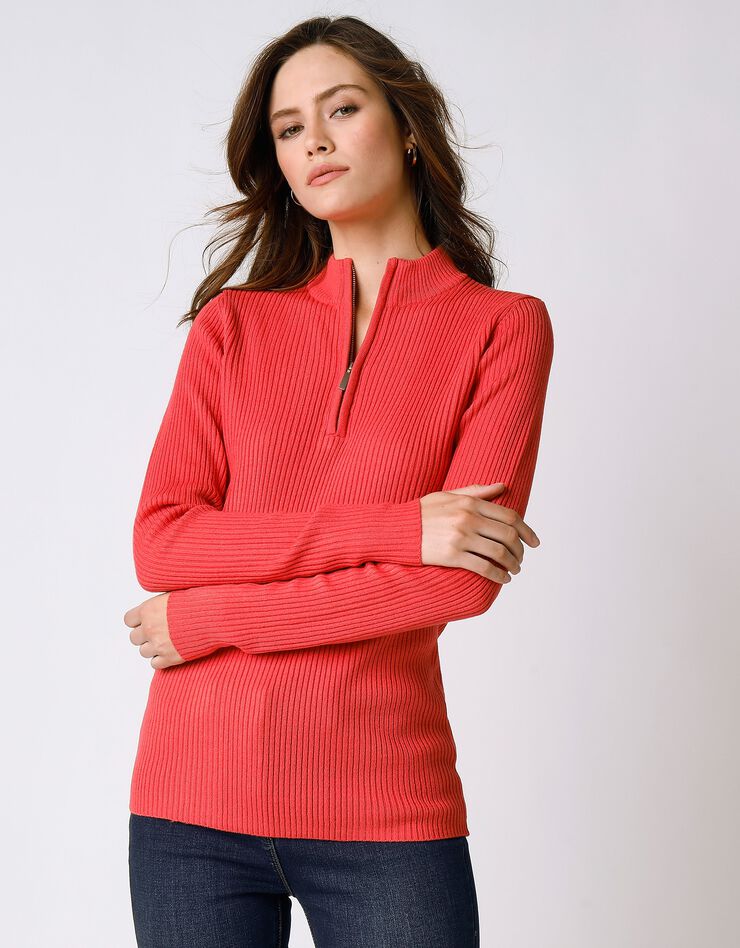 Pull col montant zippé maille côtelée (corail foncé) Pull col montant zippé maille côtelée (corail foncé)
