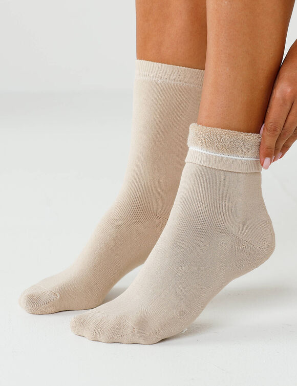 Chaussette chaleur intérieur bouclette - lot de 2 paires (écru + beige)