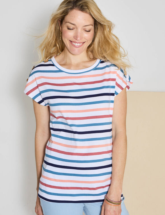 T-shirt rayé détail boutonné maille jersey (blanc / multicolore)