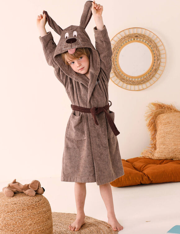 Peignoir de bain enfant personnalisable chien &agrave; capuche, &eacute;ponge coton - 340 g/m&sup2; (chocolat)