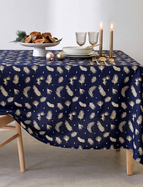 Nappe imprim&eacute;e feuillage dor&eacute; (bleu marine)