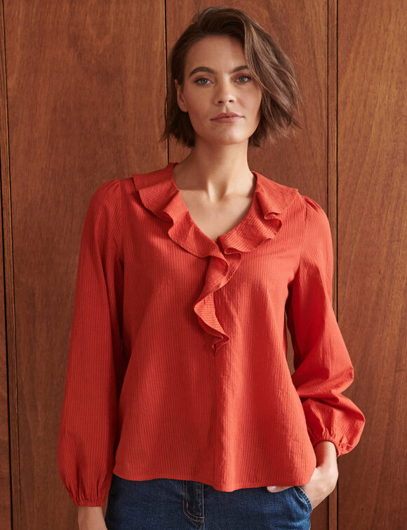 Blouse col V volant&eacute;e unie (rouge)
