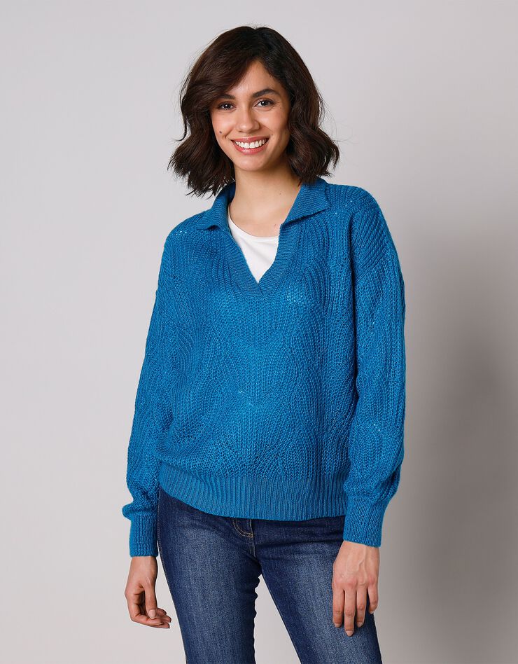 Pull manches bouffantes - col polo (bleu paon) Pull manches bouffantes - col polo (bleu paon)