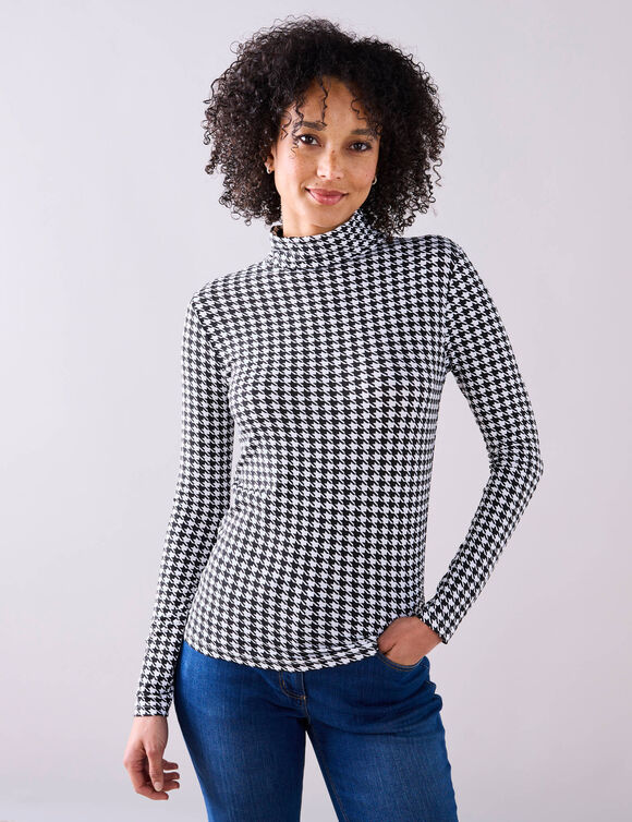 Sous-pull col montant imprimé pied-de-poule, stretch (noir / blanc)