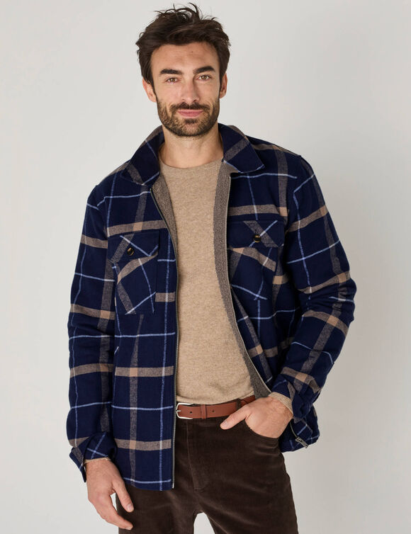 Blouson zipp&eacute; flanelle carreaux doublure sherpa (marine)