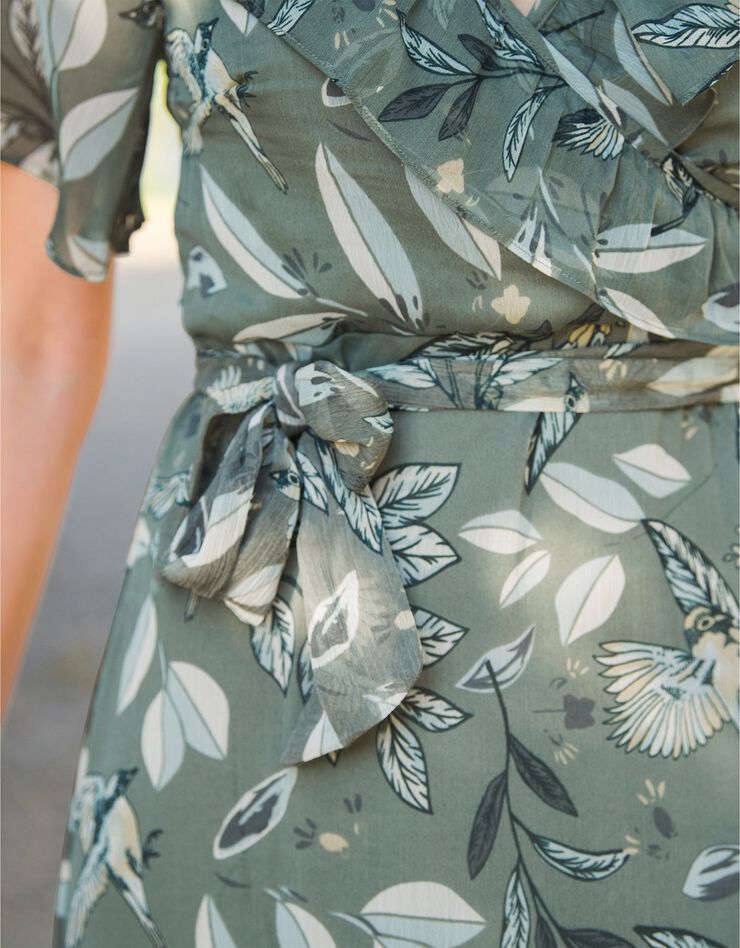 Robe cache-coeur volantée voile imprimé (kaki) Robe cache-coeur volantée voile imprimé (kaki)