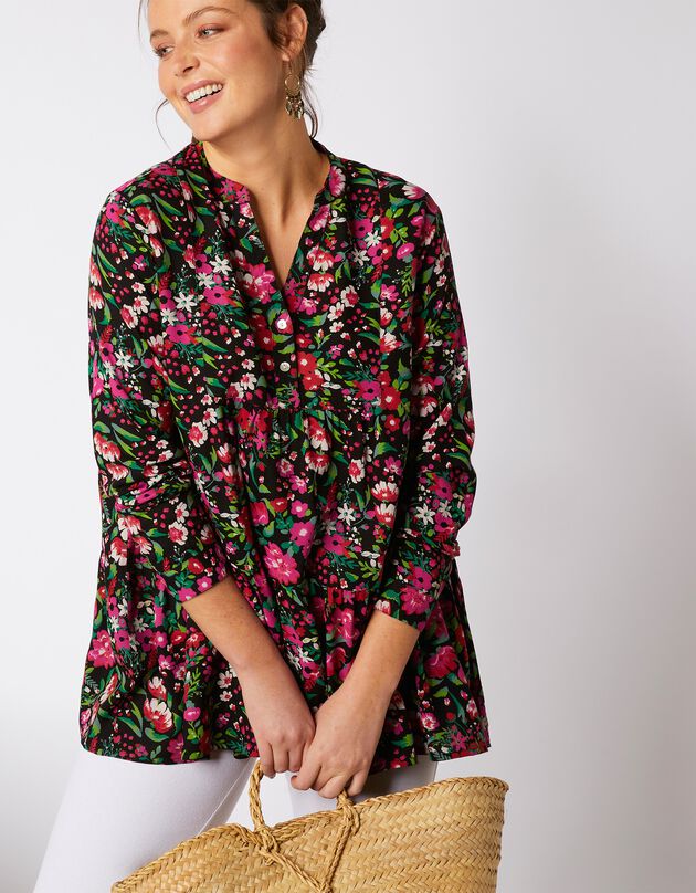 Blouse ample manches longues imprimé floral (noir / rose) Blouse ample manches longues imprimé floral (noir / rose)