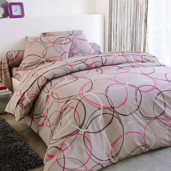 Linge de lit Noémie polycoton imprimé cercles (taupe grisé)