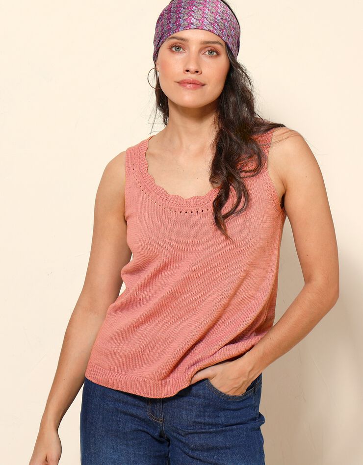 Pull débardeur en maille jersey, col festonné ajouré fantaisie (corail) Pull débardeur en maille jersey, col festonné ajouré fantaisie (corail)