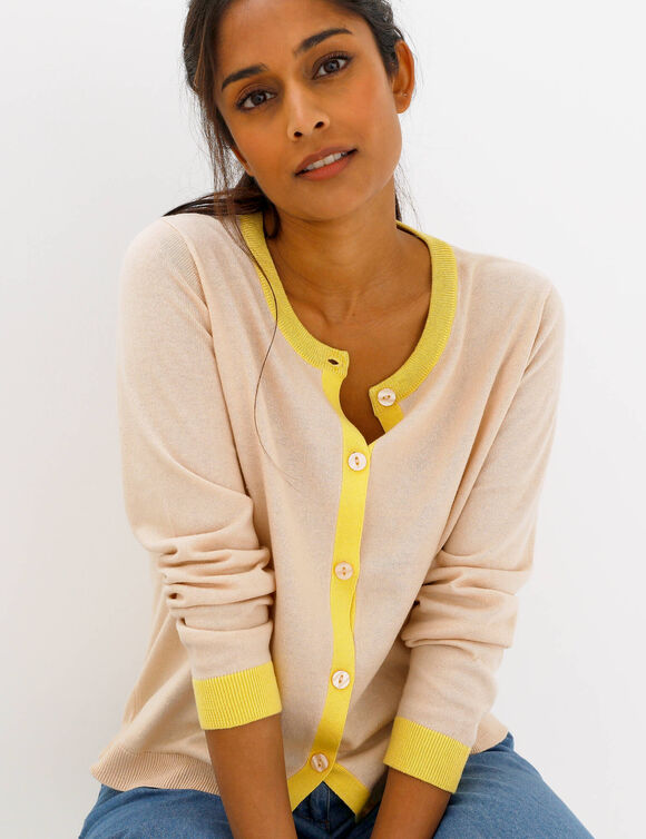 Gilet col rond bicolore, boutonn&eacute; (beige / jaune)