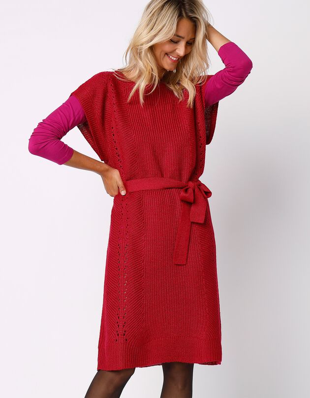 Robe manches courtes ceinturée - toucher mohair (cerise)