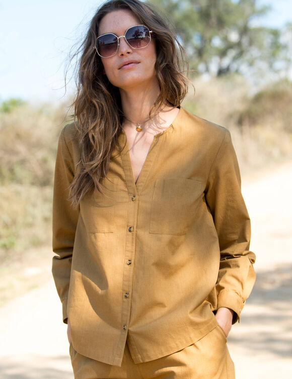 Chemise unie, mélange coton-lin (havane)