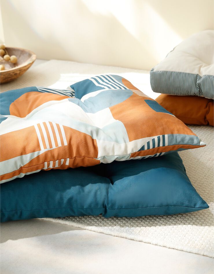 Long coussin déco imprimé géométrique Art Déco (bleu / caramel)