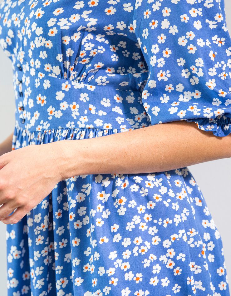 Robe imprimée col V base évasée (bleu / écru)