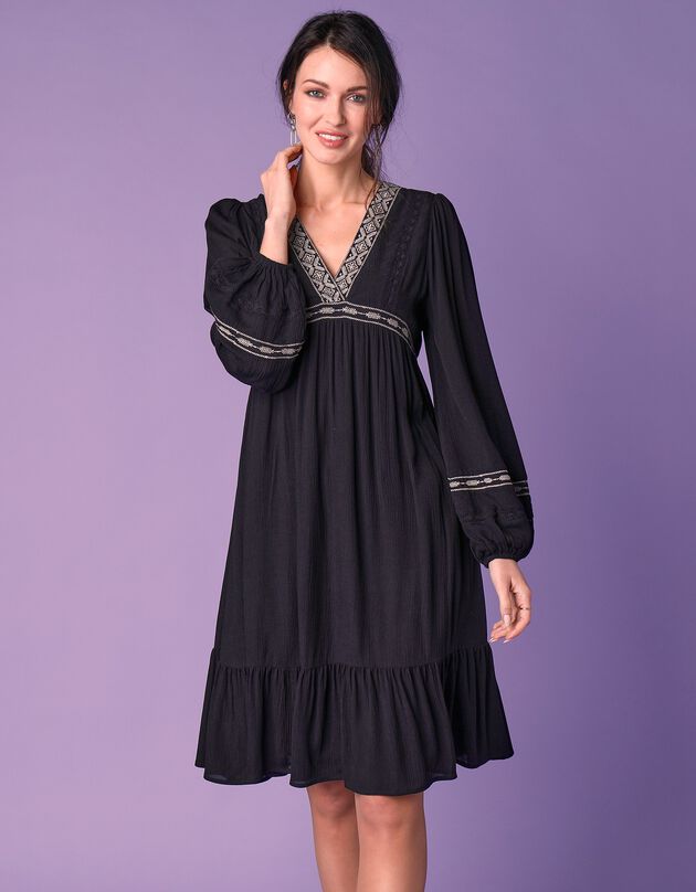 Robe folk unie brodée (noir)