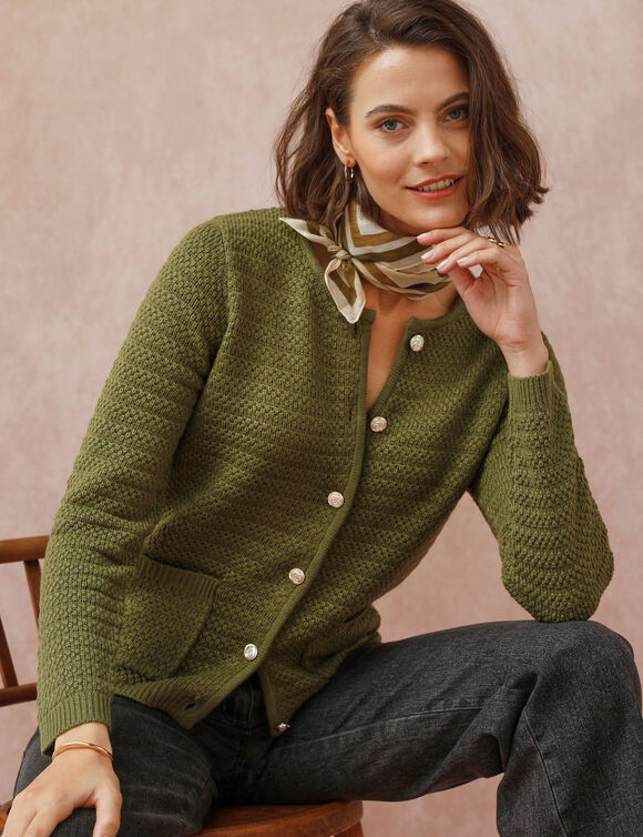 Cardigan uni maille fantaisie (vert olive)