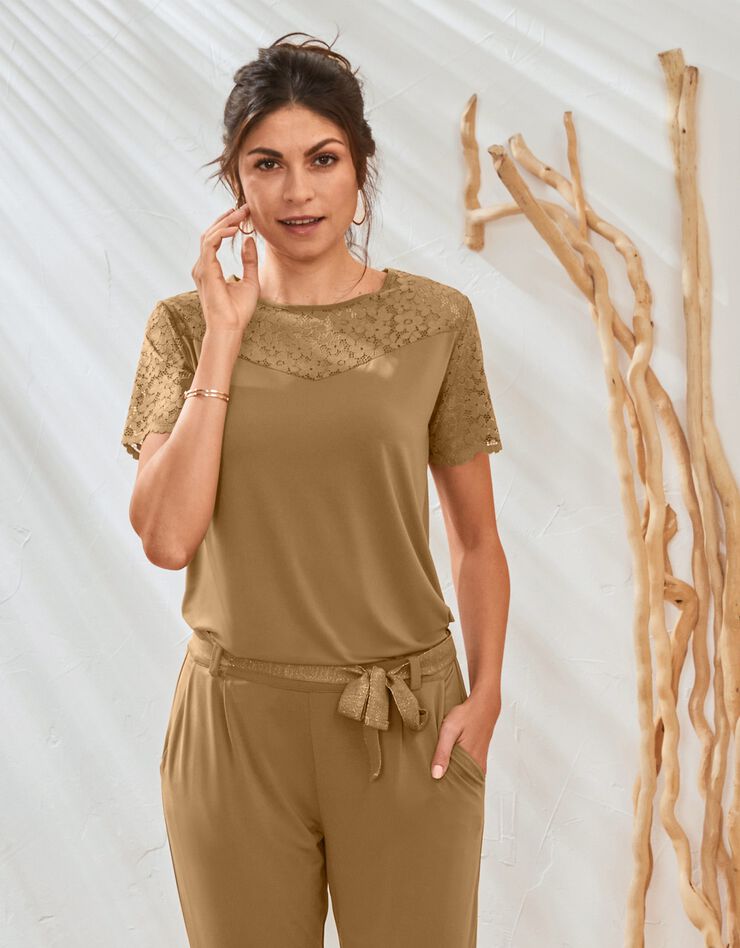 Tee-shirt dentelle col rond manches courtes uni (tabac) Tee-shirt dentelle col rond manches courtes uni (tabac)