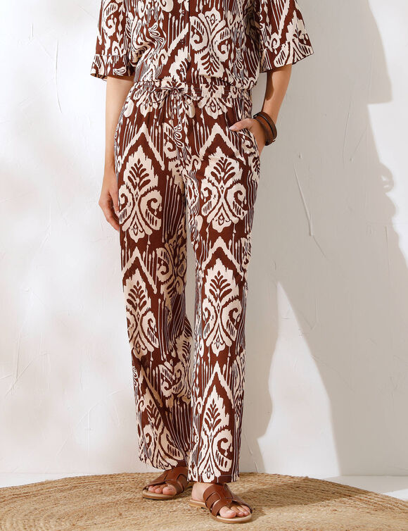 Pantalon large fluide imprimé (chocolat / beige)