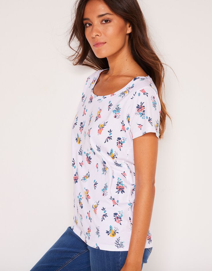 Tee-shirt col rond imprimé fleuri coton (blanc) Tee-shirt col rond imprimé fleuri coton (blanc)